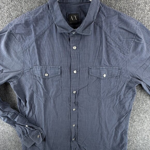 Armani Exchange Long Sleeve Blue Striped Pearl Snap Slim Fit Large Shirt Woven - Picture 1 of 16
